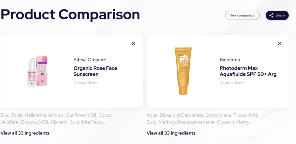 Comparison of two products in Cosmily - skincare ingredeint checker